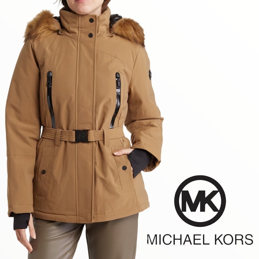 MICHAEL KORS Husk Belted Faux Fur Hood Jacket NWT Size S Water Resistant Coat - Picture 4 of 4